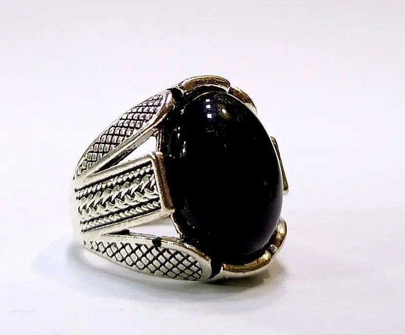 Black Aqeeq - Agate Stone Silver Ring for Men